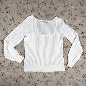 Stitches & Stripes White Ribbed Knit Sweater Top Square Neck Pointelle XS Preppy